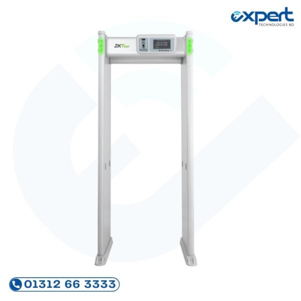 ZK-D4330 multi-zone walk-through metal detector security gate with TCP-IP network interface, LED indicators, and physical keypad for commercial entry security.