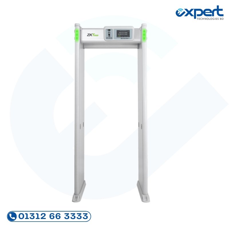 ZK-D4330 multi-zone walk-through metal detector security gate with TCP-IP network interface, LED indicators, and physical keypad for commercial entry security.