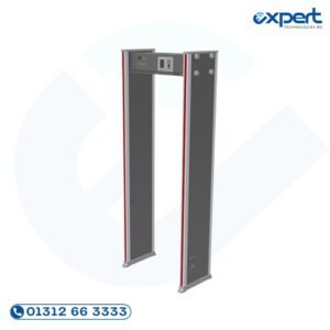 Multi-zone walk-through metal detector security gate with ZK App software integration, LED threat indicators, and 18 adjustable detection zones.