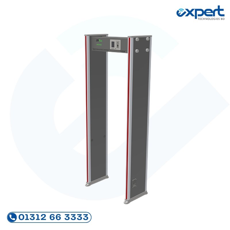 Multi-zone walk-through metal detector security gate with ZK App software integration, LED threat indicators, and 18 adjustable detection zones.