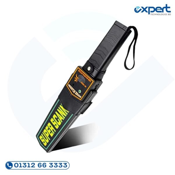 Super Scanner MD-3003B1 hand held metal detector with LED, buzzer, vibration alarm, adjustable sensitivity, and 9V battery support.