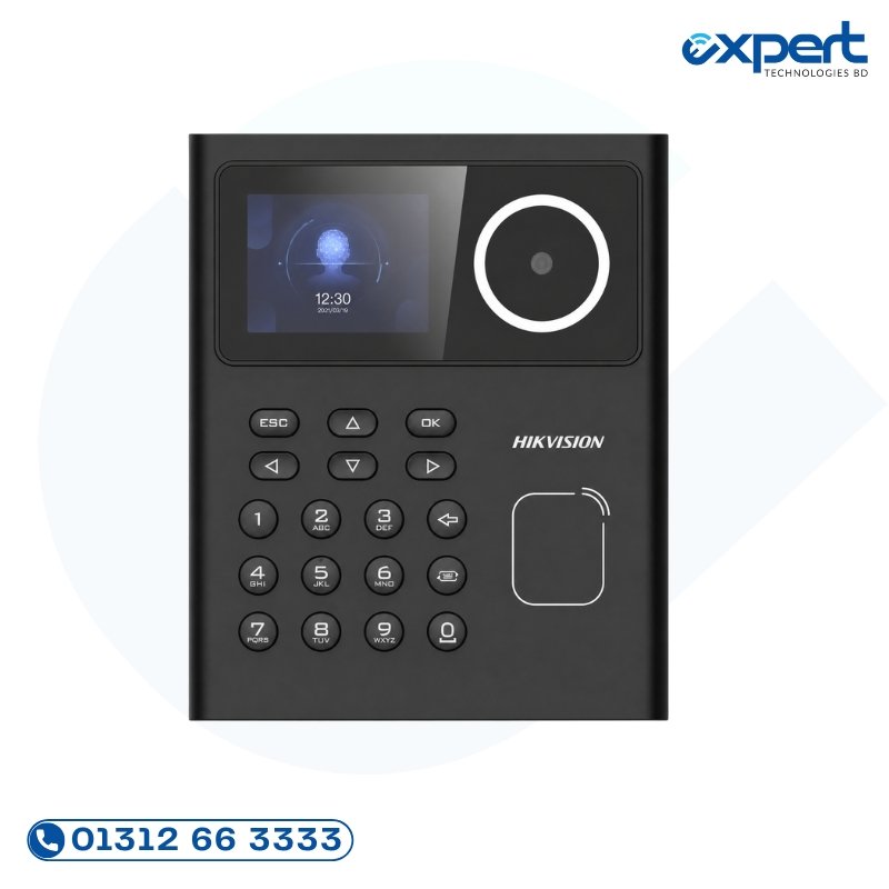 Hikvision DS-K1T320EX face recognition attendance terminal with 500 face capacity, 2.4-inch LCD, EM card support, TCP/IP connectivity, and 100,000 log storage.